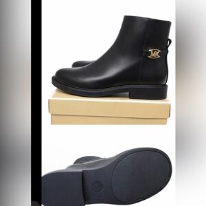 Michael Kors Mandy Bootie Black MK Logo Gold Hardware Ankle Boots Size 8 NIB